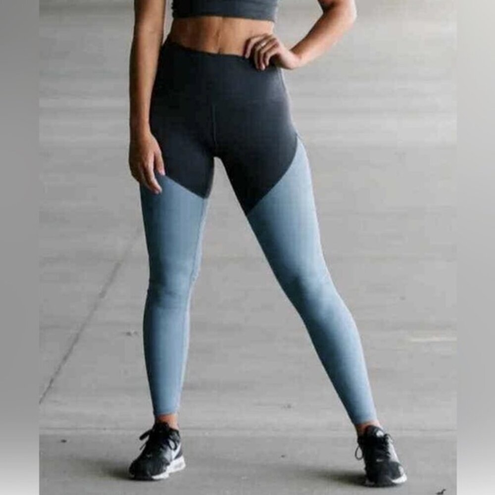 ZYIA Active Blue & Gray Storm Parallel Luxe High Rise Leggings sz 4